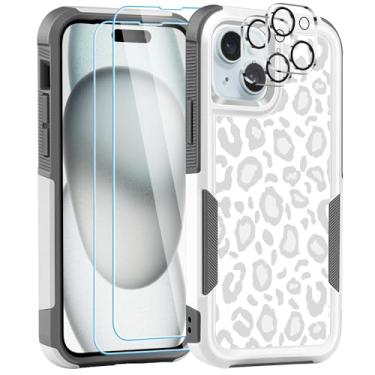 Imagem de LOQUPE [Capa 5 em 1 para iPhone 15, com 2 protetores de tela + 2 protetores de lente de câmera, capa protetora resistente resistente e leve à prova de choque para mulheres, linda estampa de leopardo branco