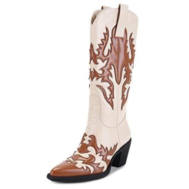 Imagem de ANN CREEK Botas femininas "Claremont" sexy caubói cano médio até o joelho patchwork elegante vaqueira mulher ocidental salto grosso, bico fino, moderno, cano alto, botas altas, Caramelo/marfim, 38