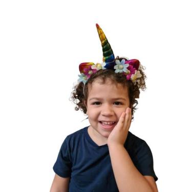 Imagem de Arco Tiara de Unicórnio com orelhinha e flores infantil Metalizado - L