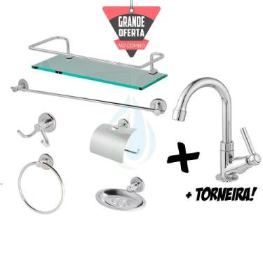 Imagem de Kit Acessórios Para Banheiro Aço Inox 6 Peças Com Porta Shampoo Reto +