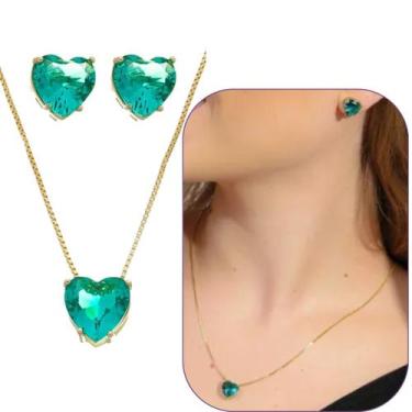 Imagem de Conjunto coração de cristal 10mm verde água banhado em ouro 18k - Morg