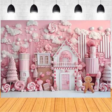 Imagem de Fundo rosa doce chalé de natal doce bengala doce ackground doce pirulito árvore de Natal presente decoração de festa de Natal Feliz Natal chá de bebê aniversário banner, 2,1 x 1,5 m