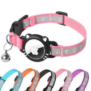 Imagem de AgoumLux Coleira para gatos AirTag, coleira reflexiva para gatos com suporte para Apple Air, coleira rastreadora GPS Breakaway para animais de estimação com sino para gato gatinho, rosa, P (9-11