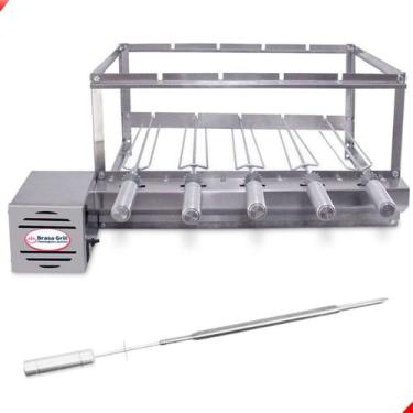 Imagem de Kit Inox Churrasqueira Gira 5 Espetos Giratório Brasa Grill + Espeto P