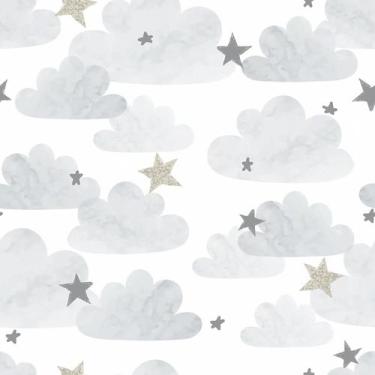 Imagem de Papel De Parede Adesivo Lavável Infantil Nuvens Com Estrelas Cinza Beb