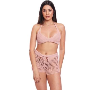 Imagem de Shorts Praia Feminino Tricot Saída de Praia Píscina Curto Cordinha Biq