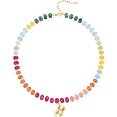 Imagem de QILMILY Colar feminino com inicial inicial de bolha, pingente de letra dourada, gargantilha com pedras preciosas e contas feitas à mão, joia de pedra natural, 16 inches, Cobre, Sem Pedra Preciosa