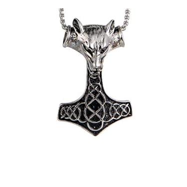 Imagem de Presente de Dia dos Namorados para ele, motociclista, masculino, aço inoxidável, preto, lobo viking Thors Mjolnir, corrente de 60 cm (prata)