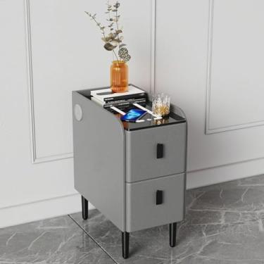 Imagem de Mesa de cabeceira com 3 gavetas e estação de carregamento, mesas de cabeceira LED inteligentes com portas USB, mesas de canto multifuncionais, armário de cabeceira pequeno e fino no quarto (cor: cinza