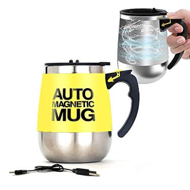 Imagem de daasigwaa Caneca de agitação automática - copo de aço inoxidável elétrico magnético recarregável para escritório/cozinha/viagem/café em casa/chá/chocolate quente/leite - 400 ml/382.7 g (amarelo)