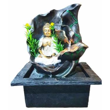 Imagem de Fonte de Agua Decorativa Iluminada Resina Buda Flor de Lótus Folhas - 