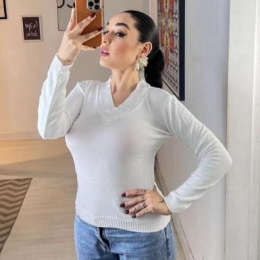 Imagem de Blusa de Frio Tricot Básica Gola V Feminina Elastano Manga Longa - Mod