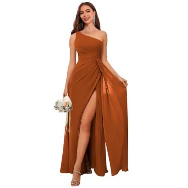 Imagem de AIHKO Vestidos de dama de honra de chiffon de um ombro só, longo, franzido, vestido de noite com fenda, vestido formal de convidada de casamento, Laranja queimado, 17