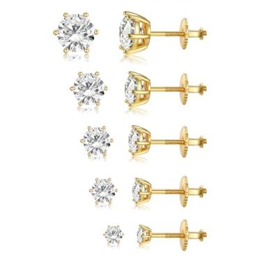 Imagem de MDFUN Conjunto de brincos de parafuso traseiro banhado a ouro branco 18 K banhado a ouro amarelo para mulheres e homens, 6 pinos hipoalergênicos zircônia cúbica pacote com 5 pares, 3-7 mm, Ouro
