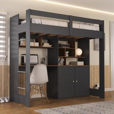 Imagem de Cama de Solteiro Zwork 2 Portas com Escrivaninha Multifuncional Yescasa Grafite/Nogal