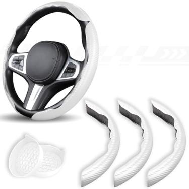 Imagem de Capa de volante de fibra de carbono de 3 peças, protetor de volante de carro com forro antiderrapante, microfibra respirável universal para 37-38 cm, branco