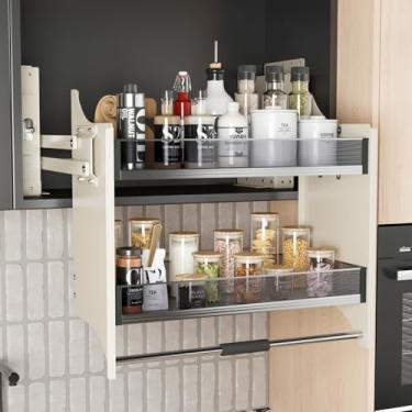 Imagem de jkxoo Organizador de prateleira resistente para armário superior de cozinha, organizador de armário de 2 camadas, largura ajustável de 85 a 90 cm, branco