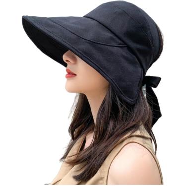 Imagem de Chapéu De Sol Feminino Chapéu De Sol Verão Senhoras Rabo De Cavalo Chapéu De Sol Aba Larga Anti-uv Bow Beach Chapéu Chapéu De Sol Feminino Dobrável, Black, 6 7/8-7 1/8