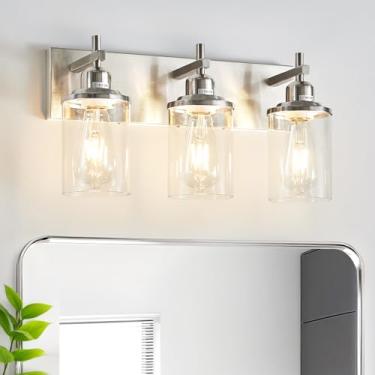 Imagem de Lanhall Luminária De Banheiro De Níquel Escovado Com 3 Luzes Sobre O Espelho, Moderna Luminária De Parede Vintage Com Cúpula De Vidro Transparente Para Banheiro, Quarto, Corredor, Armário