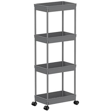 Imagem de Sooyee Carrinho de armazenamento de 4 níveis largo organizador de prateleiras móveis deslizante de armazenamento rolando carrinho utilitário rack de torre para cozinha banheiro lavanderia, plástico e aço inoxidável, cinza