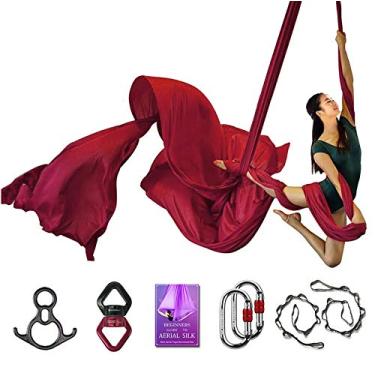 Imagem de Conjunto de equipamentos de luxo de sedas aéreas para yoga aérea, rede de yoga aérea, acrobacia aérea, artes de circo, dança aérea (G: 10 m L: 2,8 m, Wine Red