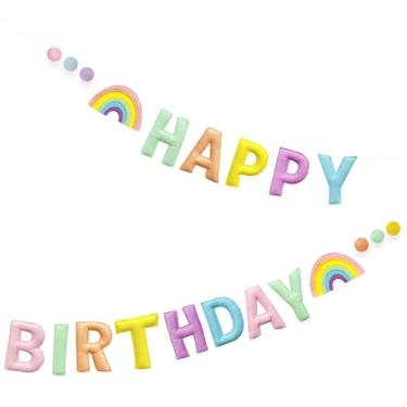 Imagem de Faixa pastel pré-amarrada feliz aniversário bola de feltro guirlanda macaron arco-íris feliz aniversário guirlanda unicórnio mágico aniversário decoração sinal para mulheres crianças meninas festa
