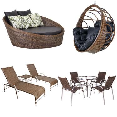 Imagem de  Kit 4 Cadeiras E Mesa, 2 Espreguiçadeiras, 1 Balanço Ninho E 1 Chaise Em Alumínio Trama