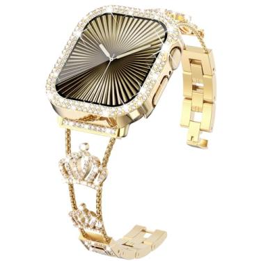 Imagem de KADES Pulseira feminina Crown Bling para Apple Watch Série 10 de 46 mm, pulseira de coroa de aço inoxidável com capa brilhante e protetor de tela, para série 10, elegante pulseira de metal, ouro