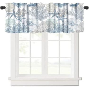 Imagem de Cortinas náuticas costeiras para janelas, tratamentos de janela coral azul-petróleo, estrela-do-mar náutica para janela curta, sanefas para quarto, banheiro, 137 x 45 cm