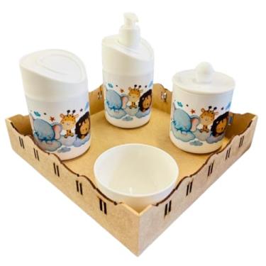 Imagem de Kit Higiene Bebê Safari Hora Do Sono C/bandeja MDF (Quadrada Crua/Branca)