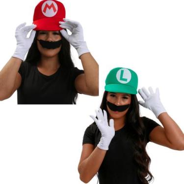 Imagem de Kit Luigi e Mario Adulto com Bigode Falso e Boné Escolha o Seu - Abrak