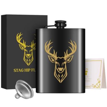 Imagem de 1 cantil de aço inoxidável de 236 ml com funil e caixa de presente de cartão de felicitações, padrão de cabeça de cervo dourado, frasco personalizado, perfeito para acampamento, caminhada e atividades