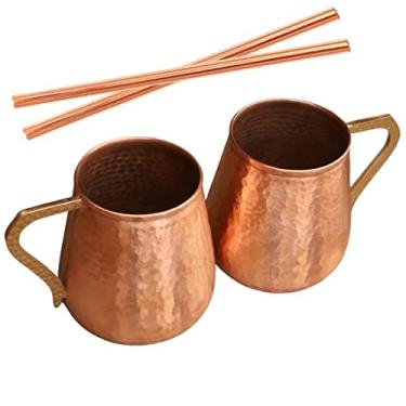 Imagem de Daddy Shoppe Conjunto feito à mão Ayurveda Copper Moscow Mule Mugs and Strow com 2 canecas vermelhas de 510 g