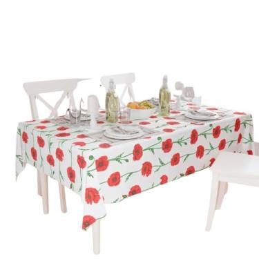 Imagem de Toalha de Mesa Retangular Branca 4 a 6 lugares 1,35 x 1,90 Tecido Poliester Estampa Flores Vermelhas
