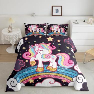 Imagem de Feelyou Jogo de cama solteiro de unicórnio, estampa de estrela, arco-íris, conjunto de edredom para meninas, com estampa de animal fofo, edredom de unicórnio, decoração de quarto de fada