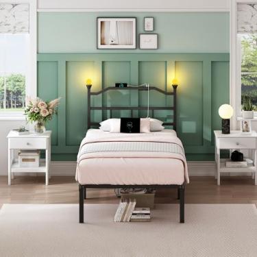 Imagem de YORMDMO Estrutura de cama de solteiro com cabeceira, estrutura de cama de metal de 35,5 cm com luzes noturnas de entretenimento, tomadas e USB, plataforma básica de ripas de aço resistente, sem ruído