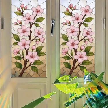 Imagem de Starlit Patio Película de janela de flor de cerejeira estilo vitral, painel de privacidade, aderência estática, sem cola, capa decorativa para porta, quarto, varanda, 45 x 99,8 cm