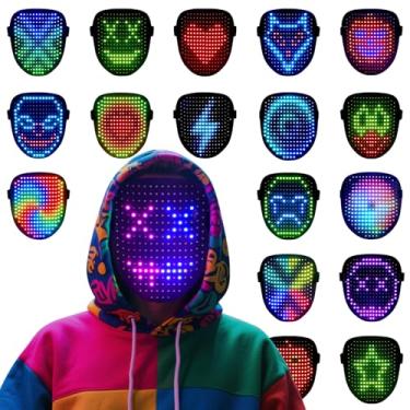 Imagem de arscniek Máscara de LED iluminada com controle de gestos – Máscara de Halloween ajustável para crianças, homens e mulheres – Máscara interativa com iluminação para cosplay, festas de Halloween, raves