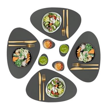 Imagem de CaSail Jogo americano e porta-copos de couro sintético - conjunto de 4 tapetes de mesa redondos modernos de carvão para jantar - resistente ao calor, à prova d'água e antiderrapante para uso interno e