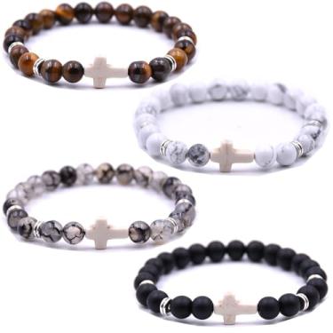 Imagem de HYHONEY Pulseira com contas cruzadas para mulheres e homens, pedra vulcânica, turquesa, olho de tigre, pulseira natural, cura da ansiedade, One Size, Pedra, Pedra