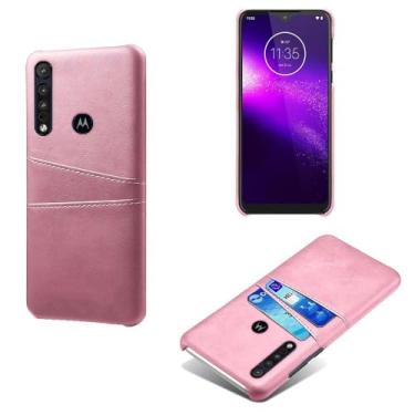 Imagem de Capas Compatível com MOTO One macro,tampa protetora de couro falso,design de saco de cartão com 2 fendas de cartão atrás,proteção anti-impressão digital e anti-gota-Pink