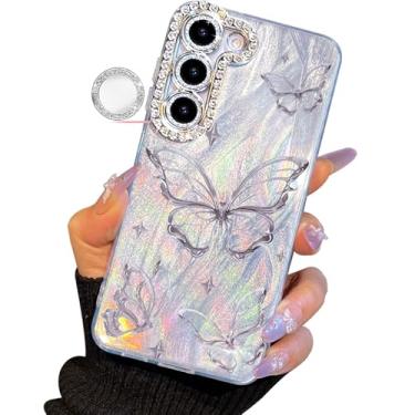 Imagem de I-MGAE-IN-AR Capa compacta para Samsung Galaxy S23 design borboleta, moldura de proteção de lente de câmera de diamante, capa protetora de TPU macia e macia à prova de choque para mulheres prata
