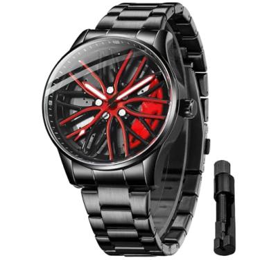 Imagem de Relógio de pulso masculino criativo 3D giratório com roda de carro, design de cubo de aro, moderno, quartzo, elegante, com pulseira de aço inoxidável, presentes para entusiastas de carros, X preto e