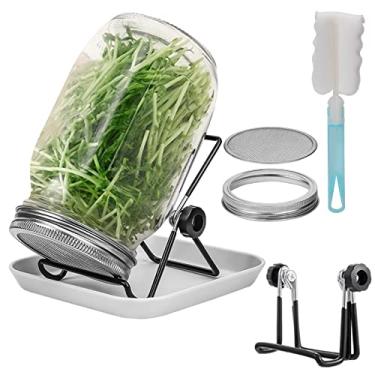 Imagem de Kit de broto, um kit de jarra de broto, um frasco de vidro de boca larga com tampas de broto de tela de aço inoxidável, calibre 86 mm/3,38 polegadas, 1000 ml, bandeja, suporte e escova de conservas, conjunto de broto de sementes para cultivo de brócolis, alfafa, feijão mung