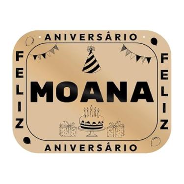 Imagem de Placa Feliz Aniversário Moana em MDF, 19x14 cm, com 2 Furos para Pendurar