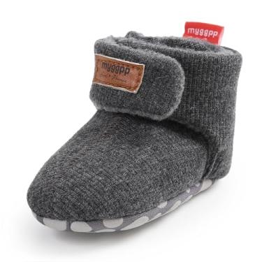 Imagem de Botas de algodão para bebês recém-nascidos unissex FAMI sola antiderrapante para meninos e meninas inverno quente fleece meias aconchegantes, Dark Grey, 12-18 Months Wide Toddler