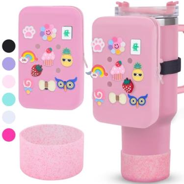 Imagem de Bolsa de silicone para garrafa de água para copo Stanley, compatível com Stanley Cup garrafa de água bolsa de copo bolsa carteira acessórios 10 peças pingentes e bota (rosa)