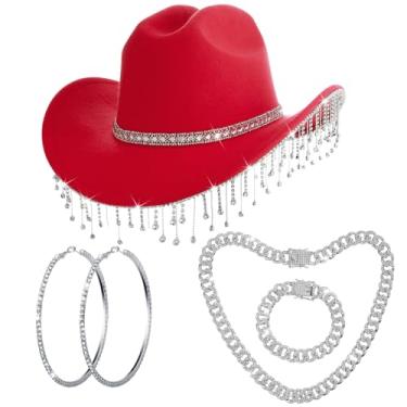 Imagem de Hercicy Roupa de vaqueira feminina com strass, chapéu de cowboy com strass e corrente de elos cubanos, colar e pulseira e brinco circular, One Size, Chapéu de cowboy: material de feltro