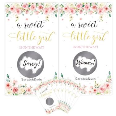 Imagem de FYSUIMU 60 peças de cartões de raspar chá de bebê tema floral rosa A Sweet Little Girl Is on the Way Raffle Tickets com adesivos para chá de bebê revelação de gênero suprimentos de festa
