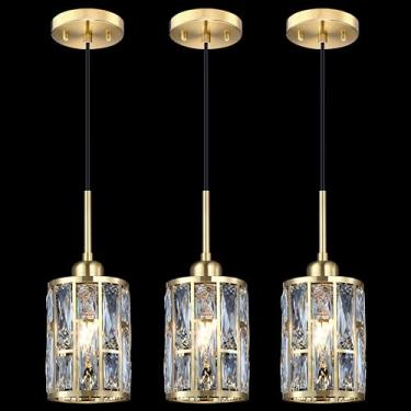 Imagem de Dolaimi House Pacote com 3 1 luminária pendurada ilha de cozinha luminária de teto com pingente de cristal de 16 cm, luminária pendente moderna com acabamento dourado para bar, sala de jantar, sala de